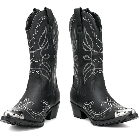 Men\'s Black Western Cowboy Retro Classic Embroidered Pull On Durable Boots main image 6